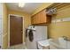 Functional laundry room with modern appliances, storage, sink, and ample counter space at 3138 Edgemoor Dr, Palm Harbor, FL 34685