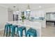 Modern kitchen with white cabinets, a large marble island, and stylish teal backsplash at 3922 Fontainebleau Dr, Tampa, FL 33634