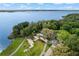 Aerial view of lakefront park with covered picnic areas, walking paths, and lush trees at 4063 Ligustrum Dr, Palm Harbor, FL 34685