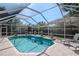 Inviting screened-in pool area featuring clear blue water, lush landscaping, and patio furniture at 4063 Ligustrum Dr, Palm Harbor, FL 34685