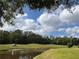 Picturesque golf course scene with a pond and a golf cart on a sunny day at 5132 Pinnacle Dr, Oldsmar, FL 34677