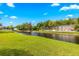 Beautiful waterfront view from the backyard, showcasing lush greenery and a tranquil lake at 13696 Orange Sunset Dr # 13696, Tampa, FL 33618