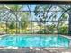 Sparkling pool with surrounding brick pavers and a screened enclosure offering views of the serene lake at 19227 Garden Quilt Cir, Lutz, FL 33558