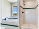Bright bathroom featuring a soaking tub next to a window and walk-in shower with green accent tiles at 3434 E Keysville Rd, Lithia, FL 33547
