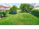 Expansive backyard with lush green lawn, mature trees, a trampoline, and a fence offering privacy and space at 11624 Bristol Chase Dr, Tampa, FL 33626