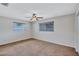 Bedroom featuring neutral walls, brown carpet, a ceiling fan, and two windows with mini blinds at 2961 Briar Cliff Dr, Palm Harbor, FL 34684