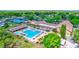 Aerial view of pool with swimming pool, lounge chairs, and sunbathers in a residential neighborhood at 2961 Briar Cliff Dr, Palm Harbor, FL 34684