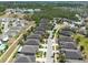 Aerial view showcases a residential neighborhood with well-maintained homes, green lawns, and tree-lined streets at 16313 Treasure Point Dr, Wimauma, FL 33598