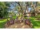 Outdoor fire pit and seating area surrounded by lush greenery and lake view at 1915 Floresta View Dr, Tampa, FL 33618