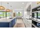Bright kitchen with a central island, white cabinets, stainless steel appliances, and lake views at 2563 Ocean Breeze Ln, Clearwater, FL 33761