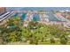 Aerial view of the marina, park and bay with boats docked, lush greenery and waterfront views at 433 San Salvador Dr, Dunedin, FL 34698