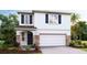Charming two-story home with blue shutters, stone accents, a two-car garage, and manicured landscaping at 6955 Broad River Ave, Land O Lakes, FL 34638
