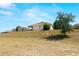 A view of the backyard with mature landscaping, and the covered patio visible at 7061 Lamium Ct, Brooksville, FL 34602
