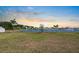 View of a spacious backyard with a lake, palm trees, and fountain feature at 718 Tidal Rock Ave, Ruskin, FL 33570