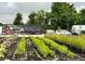 Welcome to the Farm at Angeline sign overlooking rows of leafy vegetable plants in a community garden setting at 10982 Banyan Breeze Blvd, Land O Lakes, FL 34638