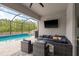 Outdoor lanai featuring comfortable seating with a TV, providing an ideal space for relaxation and entertainment by the pool at 10982 Banyan Breeze Blvd, Land O Lakes, FL 34638