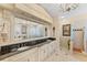 Elegant bathroom featuring dual sinks, a large mirror, granite countertops and view to the glass-block shower at 11715 Taylor Rd, Thonotosassa, FL 33592