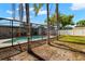 Backyard view of a pristine pool enclosed by a screened lanai and mature palm trees at 14917 Philmore Rd, Tampa, FL 33613
