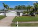 Inviting single-story home boasts a manicured lawn, front garden beds, and mature palm trees at 1849 Del Robles Dr, Clearwater, FL 33764