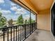 A screened balcony offers relaxing views of trees and the sky, with an iron railing for safety and fresh air at 4730 Wandering Way, Wesley Chapel, FL 33544