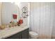 Bright bathroom features a gray vanity, gold fixtures, marble countertop, and modern hexagonal shelving at 12806 Castlemaine Dr, Tampa, FL 33626