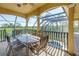 Enjoy outdoor dining on this screened patio overlooking lush landscaping and a pool at 2101 N Pointe Alexis Dr, Tarpon Springs, FL 34689