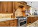Gourmet kitchen with stainless steel stove, stone backsplash, and granite countertops at 2101 N Pointe Alexis Dr, Tarpon Springs, FL 34689
