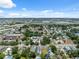 Aerial of a neighborhood with beautiful homes, mature trees, and a city skyline under a sunny, cloud-dotted sky at 2217 Stuart St, Tampa, FL 33605