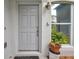 Close-up of the front door with exterior lighting and decorative plants at 2907 Mingo Dr, Land O Lakes, FL 34639