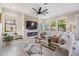 Bright living room with a modern fireplace, large windows, and neutral decor at 3585 Torino Ln, Palm Harbor, FL 34683