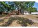 Large backyard with mature trees, a wooden play structure, and ample space for recreation at 3753 Hollow Oak Pl, Land O Lakes, FL 34639