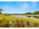 Landscaped backyard overlooking a serene lake, with vibrant flowers and manicured lawn at 4220 Barletta Ct, Wesley Chapel, FL 33543