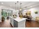 Open-concept kitchen with a large island, pendant lighting, and stainless steel appliances, flowing into a comfortable living space at 4220 Barletta Ct, Wesley Chapel, FL 33543