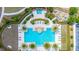 Aerial shot showcases a large community pool, complete with palm trees, lounge chairs, and landscaped surroundings at 4220 Barletta Ct, Wesley Chapel, FL 33543