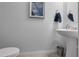 A neutral powder room featuring a pedestal sink and a modern art piece at 5068 Little Stream Ln, Wesley Chapel, FL 33545
