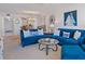 Cozy living room featuring two stylish blue sofas with nautical-themed pillows and a glass coffee table at 6081 Bahia Del Mar Cir # 452, St Petersburg, FL 33715