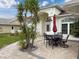 Home's front patio featuring a stylish table with chairs and a unique central palm tree at 9253 Water Hazard Dr, Hudson, FL 34667