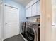 A well-lit laundry room with sleek gray washer and dryer set and ample storage cabinets at 9253 Water Hazard Dr, Hudson, FL 34667