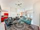 Open concept living space featuring comfortable seating, high ceilings, and bright, neutral paint at 9253 Water Hazard Dr, Hudson, FL 34667