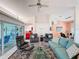 Bright, airy living room with comfortable furniture and access to the screened outdoor patio at 9253 Water Hazard Dr, Hudson, FL 34667