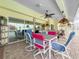 Covered patio featuring dining set, comfortable seating, and view of the inviting pool area at 9253 Water Hazard Dr, Hudson, FL 34667