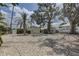 Gravel yard of elevated waterfront home with palm trees, storage shed, and space to park your boat trailer at 9914 Alavista Dr, Gibsonton, FL 33534
