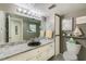 Bathroom features a grey wall, toilet, mirror, countertop and a small plant at 1137 King Arthur Ct # 501, Dunedin, FL 34698