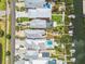 Aerial view of waterfront neighborhood featuring luxurious homes, pools, boat docks, and canal access at 1326 Apollo Beach S Blvd, Apollo Beach, FL 33572