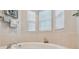 Bright bathroom featuring a soaking tub with tile surround and sunny windows at 1326 Apollo Beach S Blvd, Apollo Beach, FL 33572