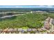 Aerial view featuring residential homes near a large wooded area, buildings, and clear blue sky at 18203 Pine Hammock Blvd, Lutz, FL 33548
