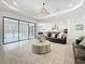 Open-concept living room with modern decor, and sliding glass doors to the pool area at 18203 Pine Hammock Blvd, Lutz, FL 33548