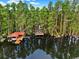 Scenic lake view with a private dock, boat lift, and lush green surroundings at 21028 Ski Way, Land O Lakes, FL 34638