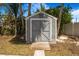 A blue and white shed stands with double doors and is surrounded by grass and lush foliage at 2728 58Th S St, Gulfport, FL 33707