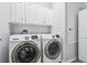 Convenient laundry room equipped with a front-load washer and dryer and white cabinets at 3046 Donington Castle Ln, Land O Lakes, FL 34638